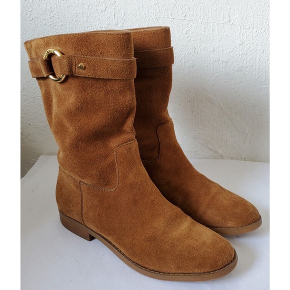 Michael Kors Logo Plate Rhea Brown Suede Boots Mid Calf Pull On Womens 5.5M US - Picture 13 of 14